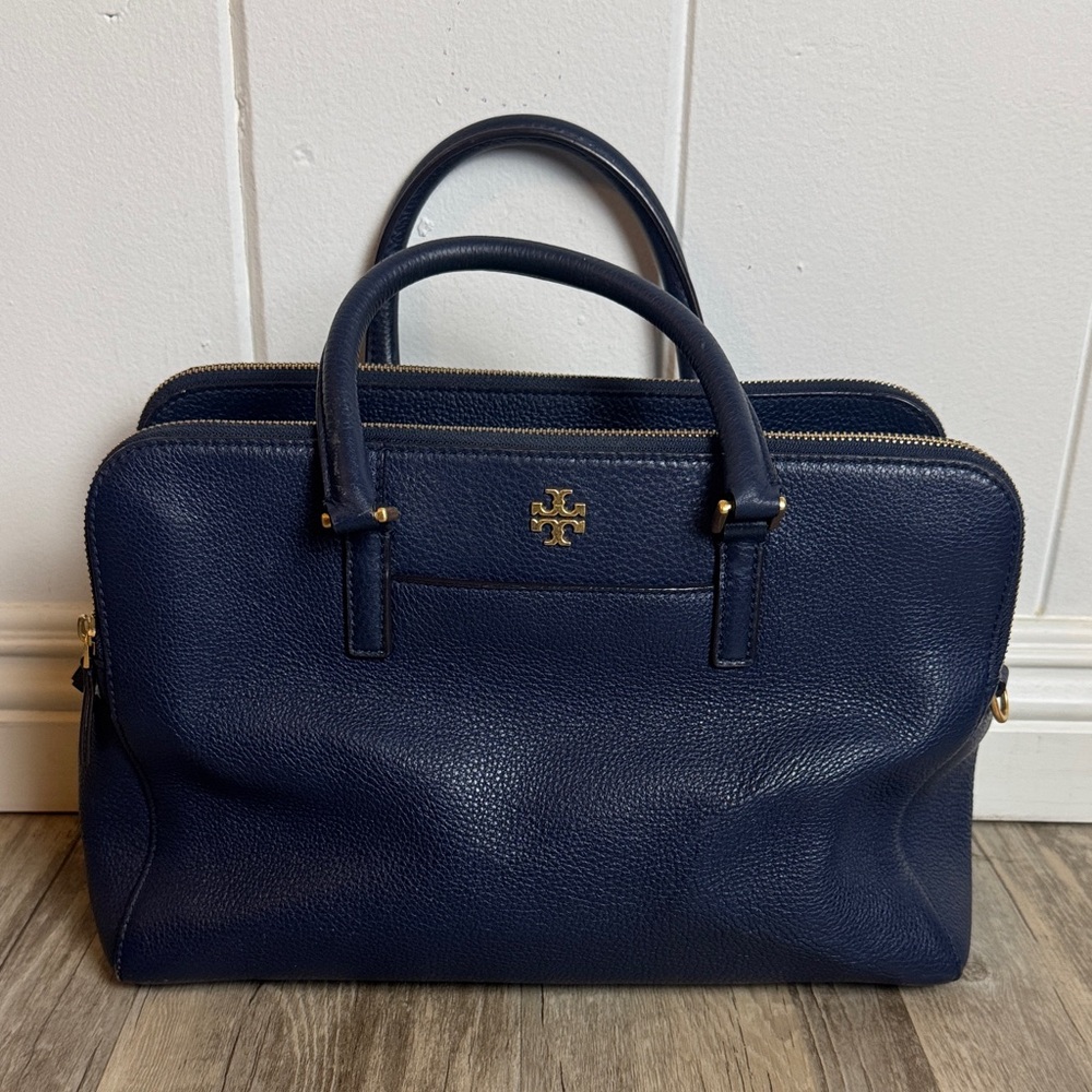 Tory Burch Navy Leather Satchel Double Zip Top Gold Hardware